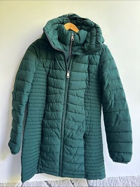 DKNY Dark Green Quilted Puffer Coat with Hood